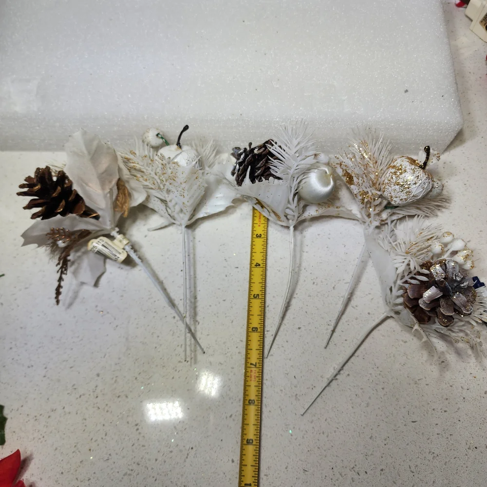 Vintage Floral Pinecones and Berries Picks In White And Gold 5 Pieces